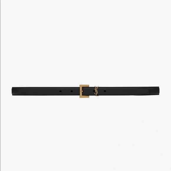 Saint Laurent”NARROW MONOGRAM BELT WITH SQUARE BUCKLE IN LACQUERED LEATHER”